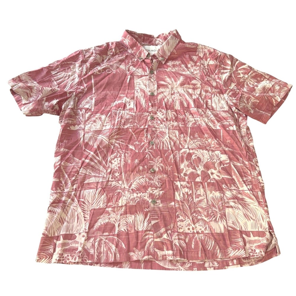 Tori Richard Hawaiian Shirt Mens XL Pink 100% Cotton Block Print Palm Tree Aloha